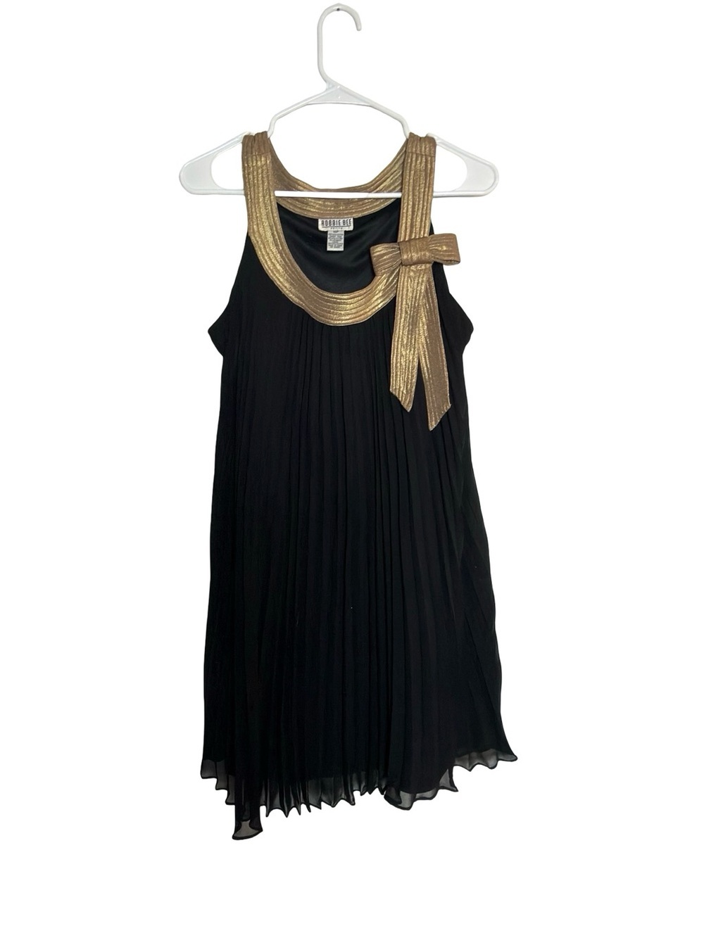 Robbie Bee Black Pleated Dress with Gold Bow Accent